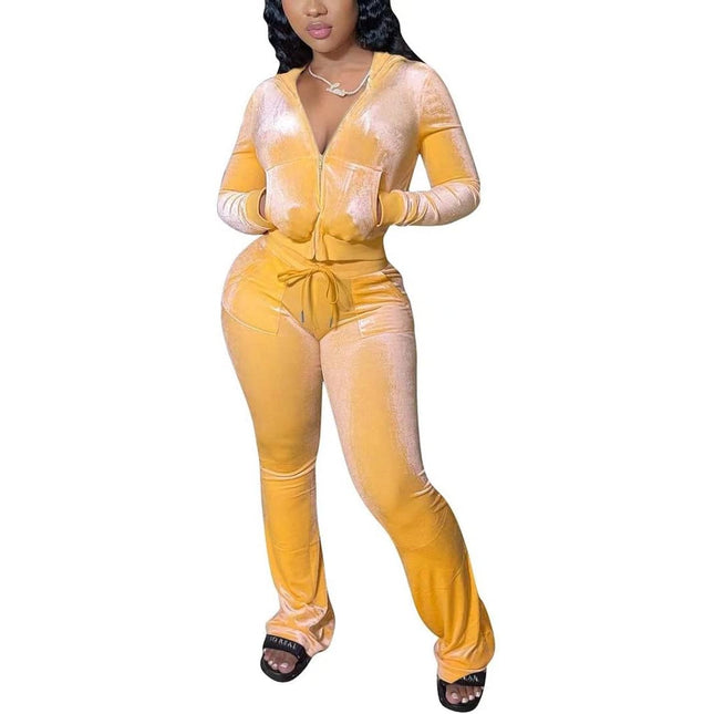 Winter Outfits for Women 2 Piece Sweatsuits Zip-Up Hoodie Jogger Tracksuit Set Sweatshirt & Sweatpants Two Piece Outfits for Women Workout Sets 2 Piece Jogging Suits Velvet Track Suits Yellow, L