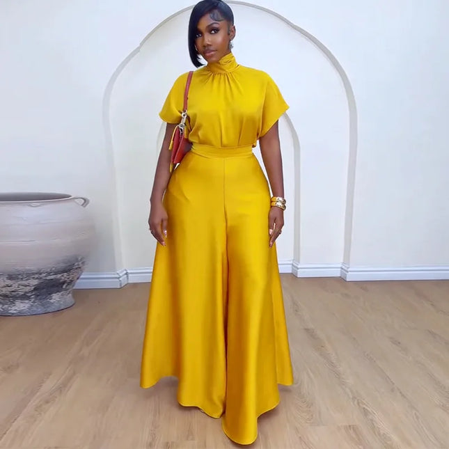 Yellow Satin Elegant Temperament Women's Loose High Neck Strap Flying Sleeve Top Leisurely Wide Leg Pants Vacation Two-piece Set