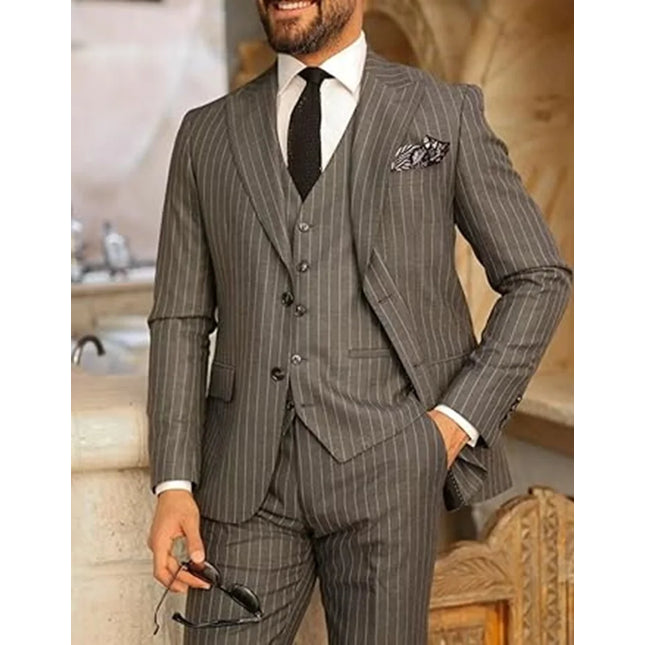 Elegant Pinstripe Suit for Men 3 Piece Blazer Vest and Pant Set Peak Lapel High Quality Customized Men Suit for Wedding Business