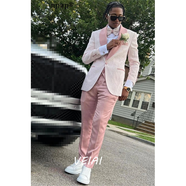 Pale Pink Jaquard Suits for Men 3 Pieces One Button Blazer Tuxedos Suit Set Prom Party Homecoming Student Clothes Coat+Vest+Pant