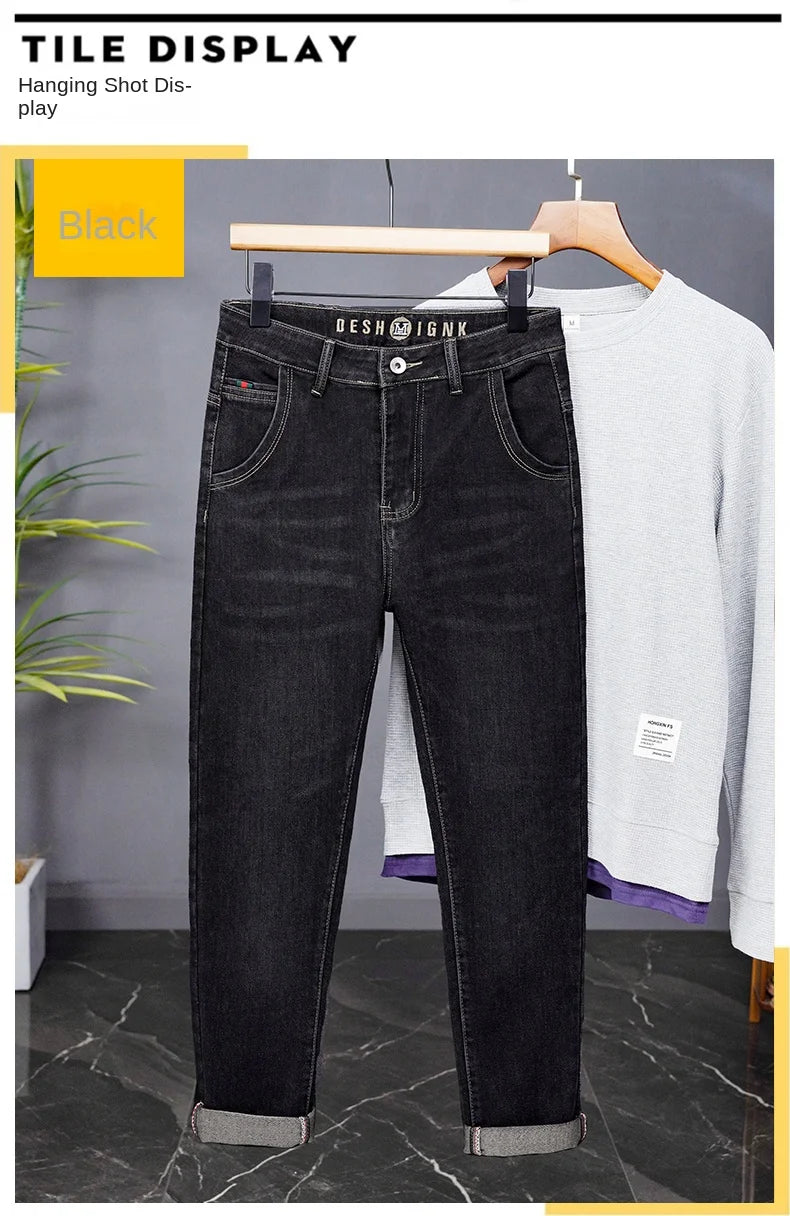 Male Denim Straight High Street Trousers Casual Men Fashion Elastic Waist Vintage Pant Spring Ripped Soft Stretch Slim Fit Jeans