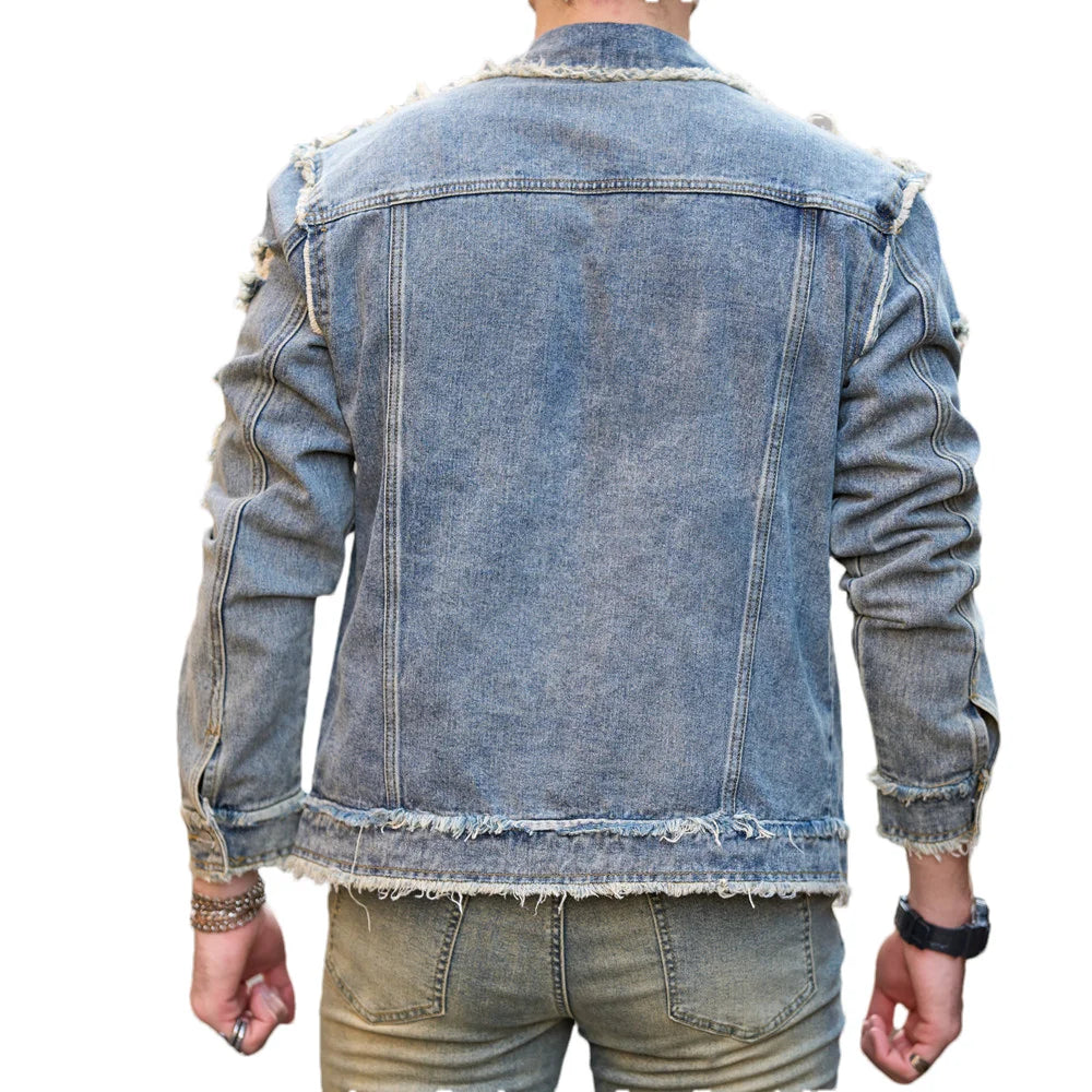 Street Stylish Retro Style Holes Slim Street Denim Jacket Coat Good Quality Distressed Male Casual Denim Jacket