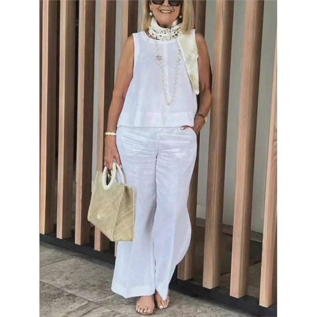 Simple Cotton Linen Women's Suits Summer Fashion Sleeveless Loose Blouse Wide Leg Pants Two Piece Set For Women Casual Outfits