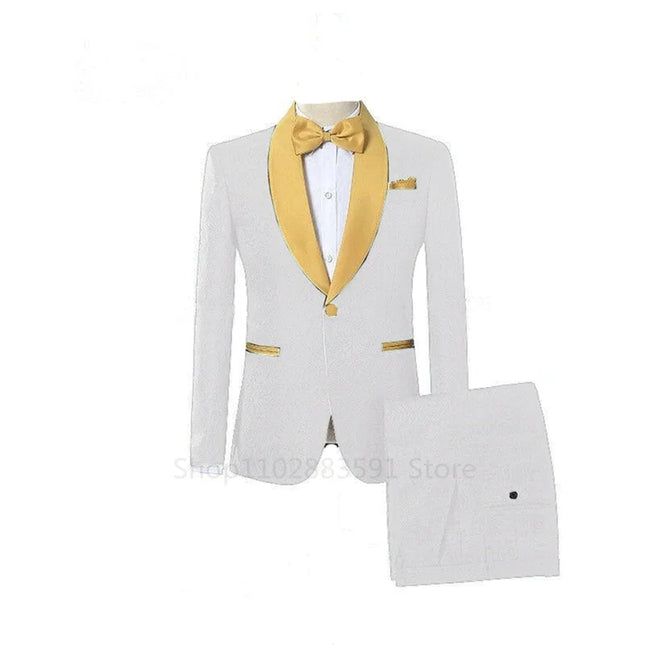 Custom Made Jacquard Groomsmen Red Groom Tuxedos White Shawl Lapel Men Wedding Suits Prom Party Best Man Blazer Pants Set