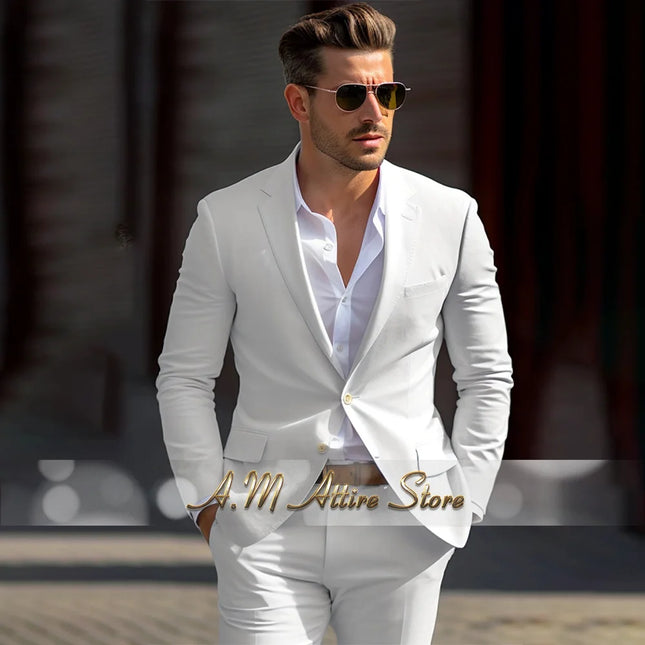 Men's linen suit 2-piece peak lapel jacket pants for summer beach wedding groom prom party tailor-made casual formal outfit