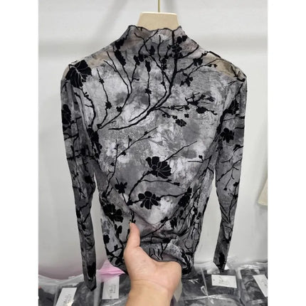 Women Autumn Spring Tops Layering Undershirts Long-Sleeve T-Shirts Printed Lace Mesh Versatile Fashionable Luxurious Designer