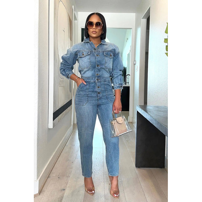 Denim Stretch Overalls Sexy Women Turn Down Collar Elegant Blue Jeans Casual Jumpsuit Romper