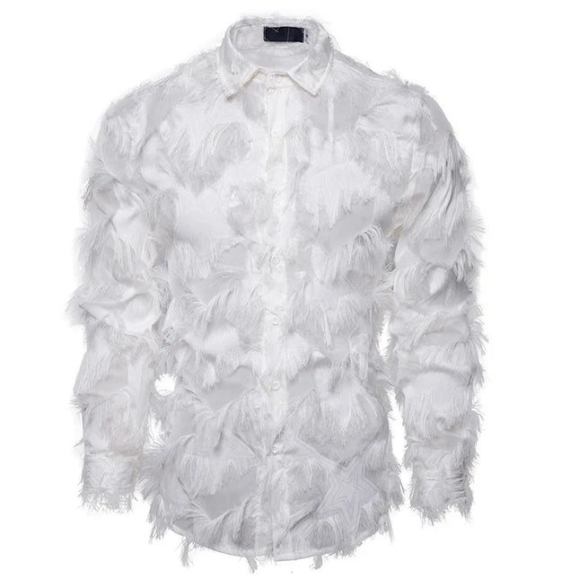 Black White Streetwear Hip Hop Shirt Men Tassels Party Night Club Men's Shirts With Long Sleeves Euro Size Spring Autumn