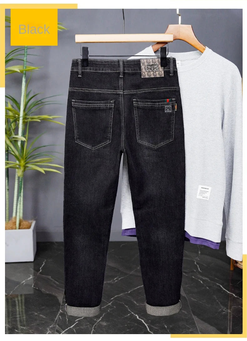 Male Denim Straight High Street Trousers Casual Men Fashion Elastic Waist Vintage Pant Spring Ripped Soft Stretch Slim Fit Jeans