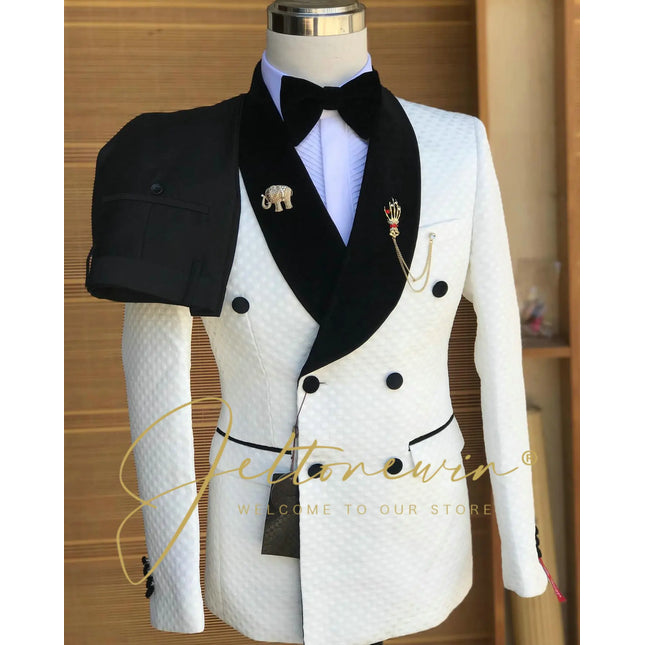 White Men's Two Piece Suit with Double Button Closure and Fine Grid Texture Elegant Modern Style for Groom or Banquet Occasions