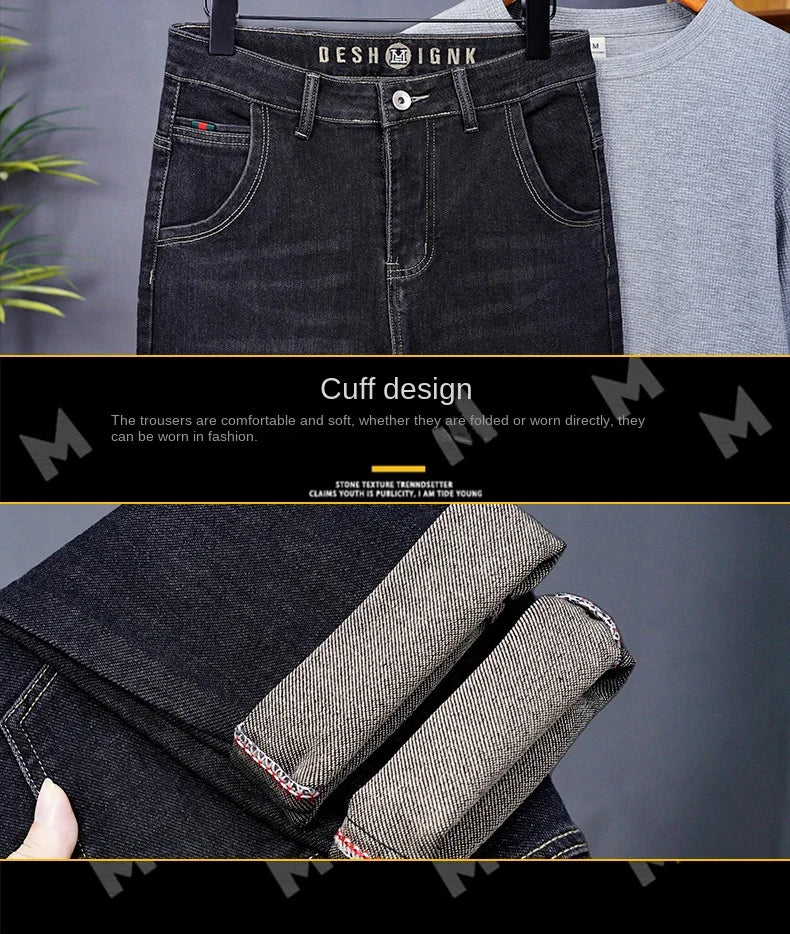 Male Denim Straight High Street Trousers Casual Men Fashion Elastic Waist Vintage Pant Spring Ripped Soft Stretch Slim Fit Jeans