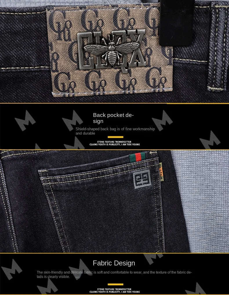 Male Denim Straight High Street Trousers Casual Men Fashion Elastic Waist Vintage Pant Spring Ripped Soft Stretch Slim Fit Jeans
