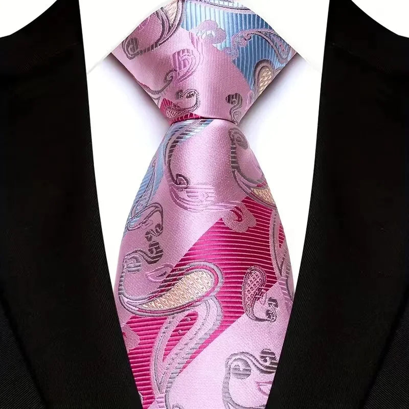 Luxury 8CM Mens Necktie Pink Color Solid Stripes Paisley Ties For Man Groom Jacquard Woven Neck Tie For Business Wedding Party