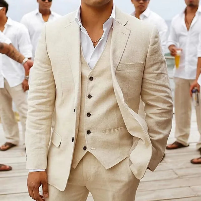 3 piece Linen Summer Men Suits for Wedding Groom Tuxedos 2026 Casual Beach Custom Man Suit Set Jacket Vest with Pants Man Fahion