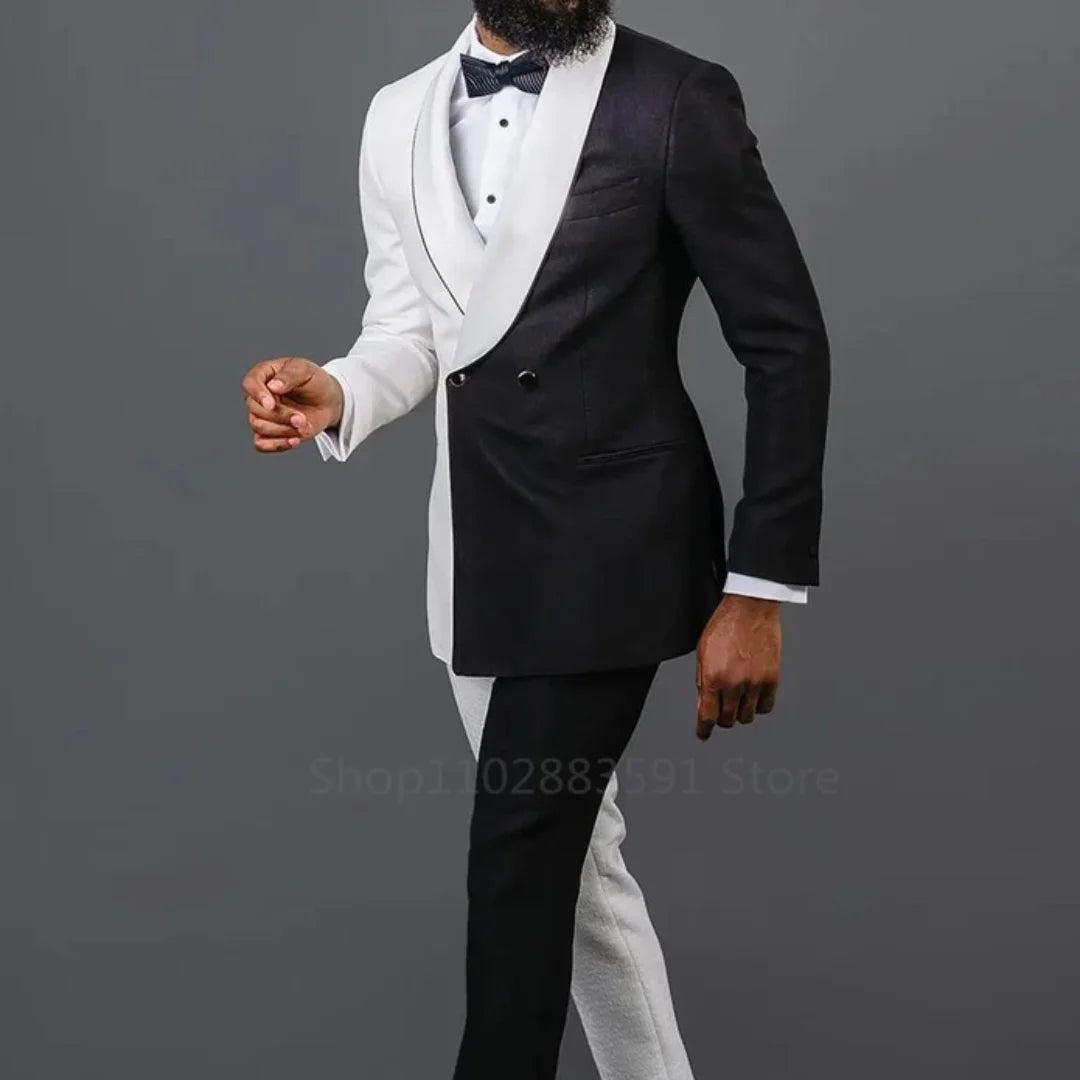 2 Pieces Newest Splicing Colors Men Suits Set Wedding Groom Tuxedo White Black Blazer+Pants Custom Made Prom Dress Coat