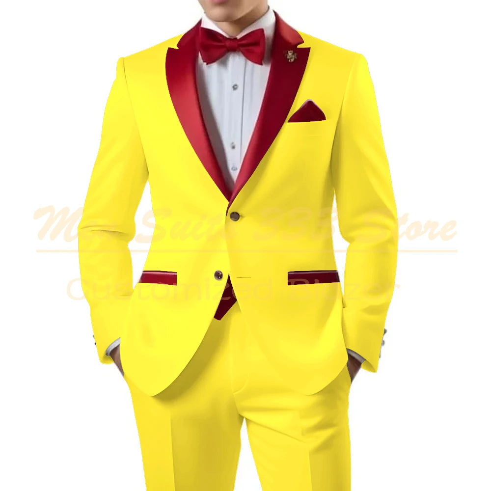 Customized White Men Suits Single Breasted Red Notch Lapel Slim Fit Male Clothing High Quality Wedding 2 Piece Jacket Pants 2025