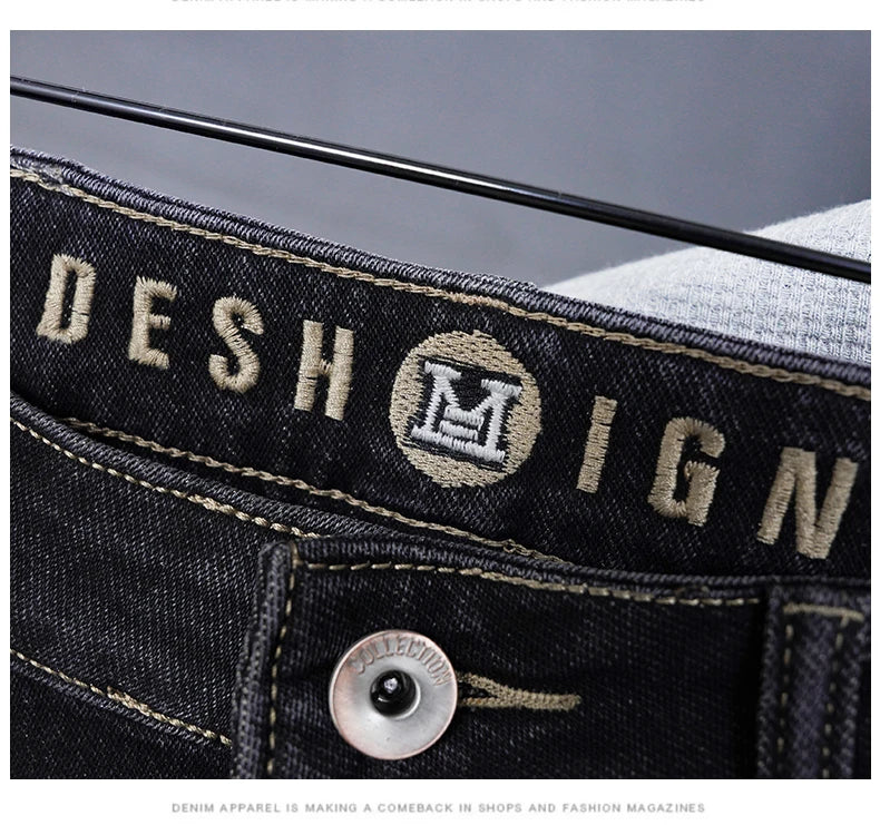Male Denim Straight High Street Trousers Casual Men Fashion Elastic Waist Vintage Pant Spring Ripped Soft Stretch Slim Fit Jeans