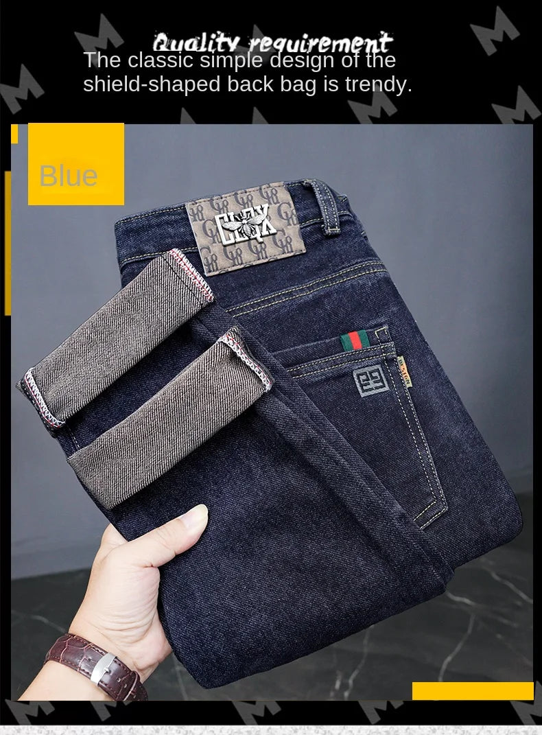 Male Denim Straight High Street Trousers Casual Men Fashion Elastic Waist Vintage Pant Spring Ripped Soft Stretch Slim Fit Jeans