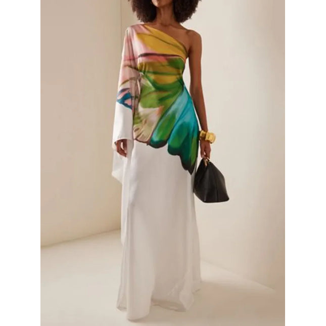 Gymystars Women's Printed Elegant Evening Dress One-shoulder Asymmetric High Waist Pleated Vintage Female Slim Long Dress