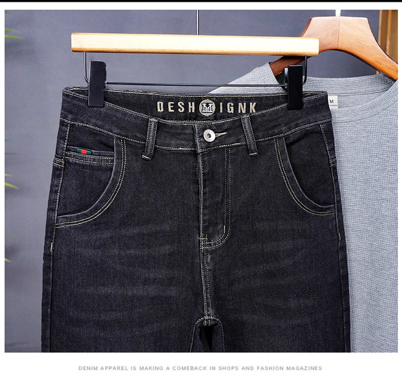 Male Denim Straight High Street Trousers Casual Men Fashion Elastic Waist Vintage Pant Spring Ripped Soft Stretch Slim Fit Jeans