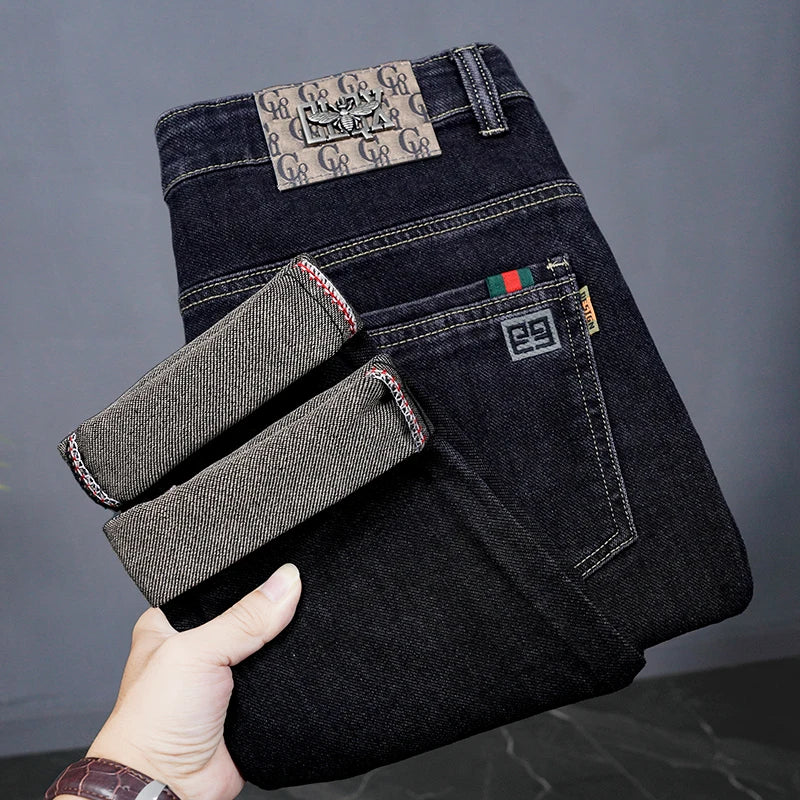 Male Denim Straight High Street Trousers Casual Men Fashion Elastic Waist Vintage Pant Spring Ripped Soft Stretch Slim Fit Jeans