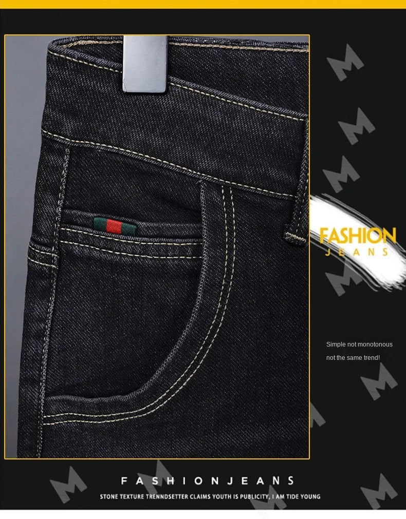 Male Denim Straight High Street Trousers Casual Men Fashion Elastic Waist Vintage Pant Spring Ripped Soft Stretch Slim Fit Jeans