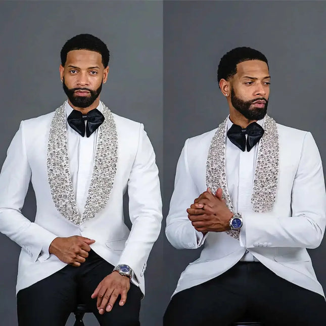 Luxury White Men's Suits Crystal Beads Slim Fit Wedding Groom Tuxedos Shawl Lapel Business Blazer Set 2 Pieces Jacket Pants