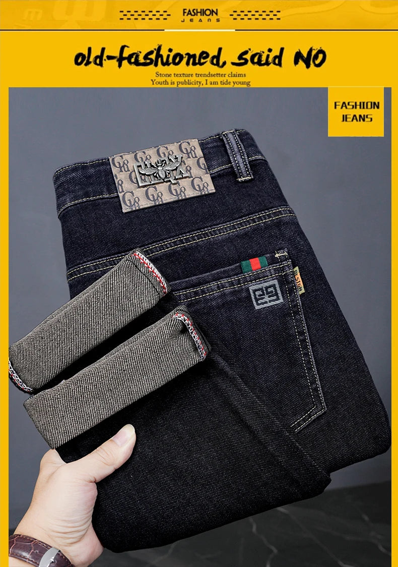 Male Denim Straight High Street Trousers Casual Men Fashion Elastic Waist Vintage Pant Spring Ripped Soft Stretch Slim Fit Jeans
