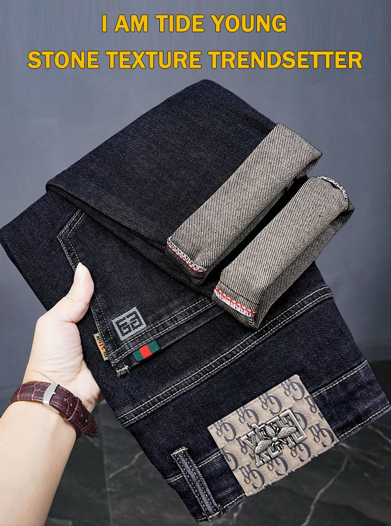 Male Denim Straight High Street Trousers Casual Men Fashion Elastic Waist Vintage Pant Spring Ripped Soft Stretch Slim Fit Jeans