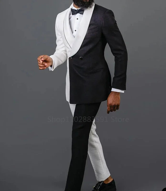 2 Pieces Newest Splicing Colors Men Suits Set Wedding Groom Tuxedo White Black Blazer+Pants Custom Made Prom Dress Coat