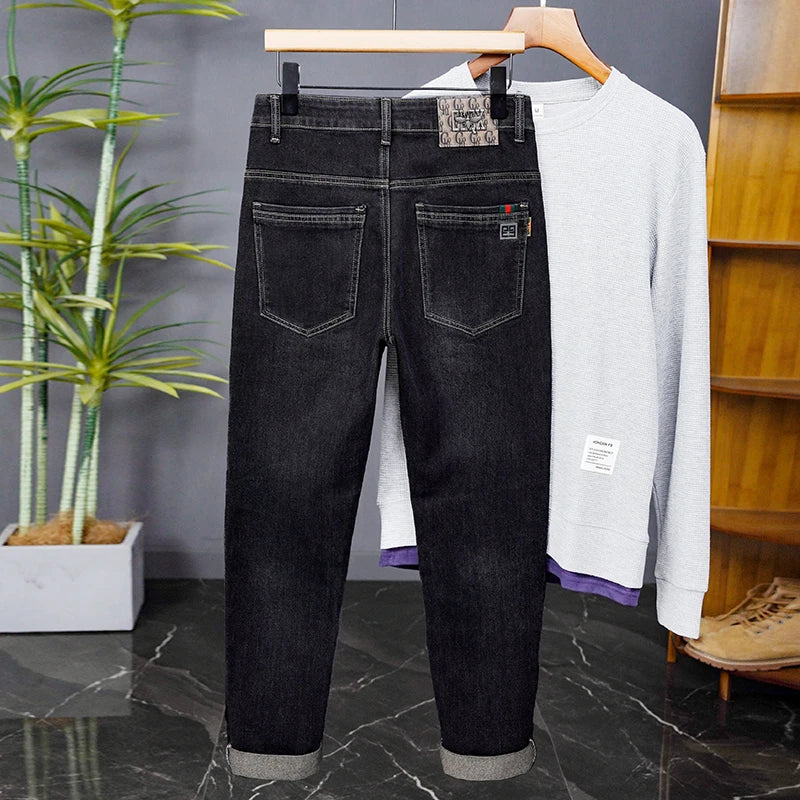 Male Denim Straight High Street Trousers Casual Men Fashion Elastic Waist Vintage Pant Spring Ripped Soft Stretch Slim Fit Jeans