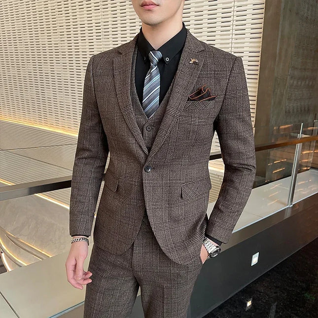 Checkered Suit (Blazer+Vest+Pants) Men's Fashion Hosting Work Business Wedding Casual Linen Art Style Elegant Gentleman's Suit