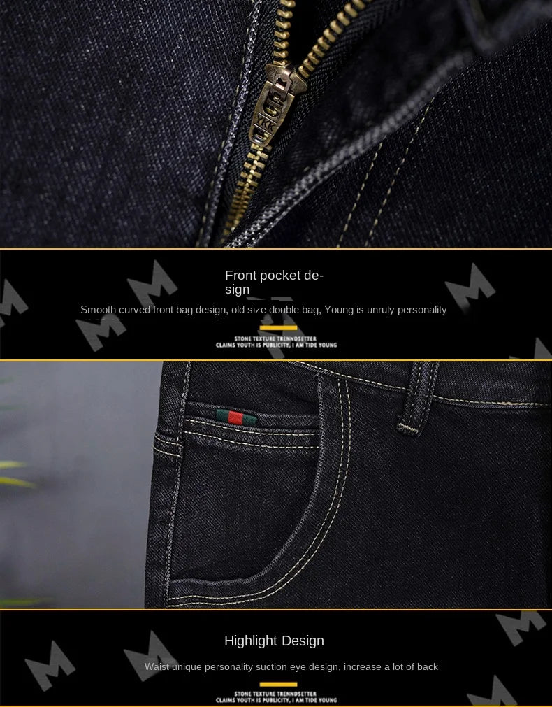 Male Denim Straight High Street Trousers Casual Men Fashion Elastic Waist Vintage Pant Spring Ripped Soft Stretch Slim Fit Jeans