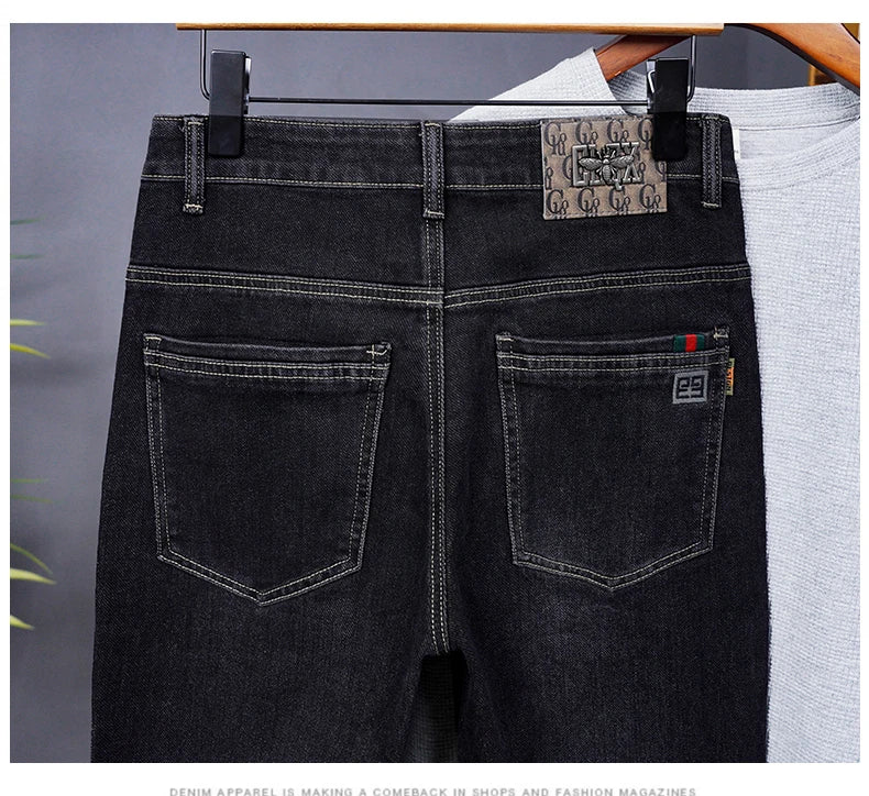 Male Denim Straight High Street Trousers Casual Men Fashion Elastic Waist Vintage Pant Spring Ripped Soft Stretch Slim Fit Jeans