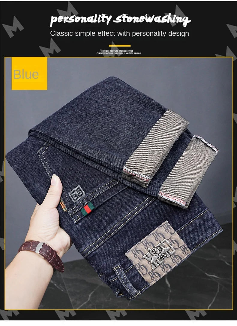 Male Denim Straight High Street Trousers Casual Men Fashion Elastic Waist Vintage Pant Spring Ripped Soft Stretch Slim Fit Jeans