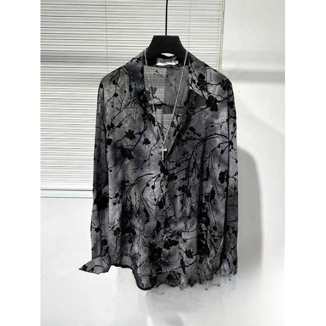 Spring Thin Original Design Trendy Men's Hollow out Iron Free Loose Handsome Shirt Vintage Printed Casual Shirt