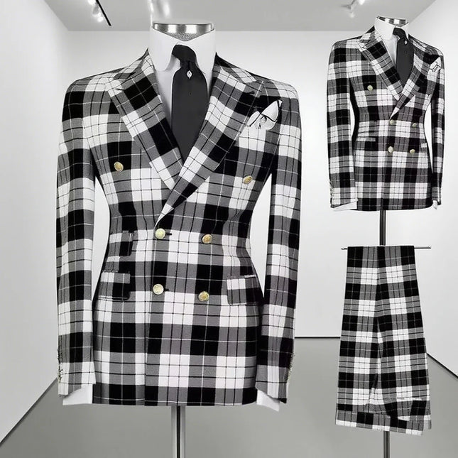 Male Fashion Suits Men Formal Wear Plaid Checked Jacket Pants 2 Piece Sets Man Business Party Attire Customized Groom Tuxedos
