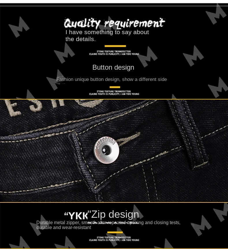 Male Denim Straight High Street Trousers Casual Men Fashion Elastic Waist Vintage Pant Spring Ripped Soft Stretch Slim Fit Jeans