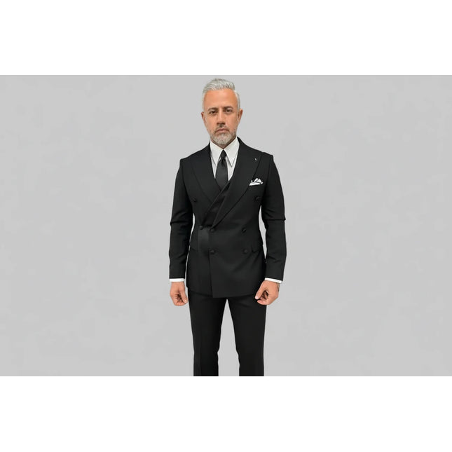 Black Men's Suit 2 Piece Double Breasted Jacket Pants Formal Wedding Groom Tuxedo Peaked Lapel Blazer Customized Men's Suit