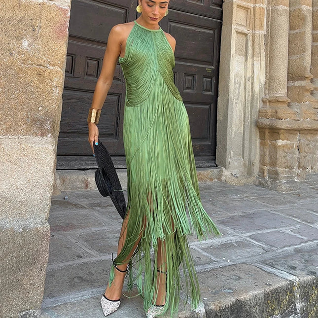 Elegant Halter Tassel Long Dress Women Fashion Hight Waist Slim Neck Hollow Solid Dress Cocktail Robe Sexy Fashion Evening Gown