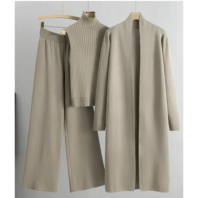 3pcs Suits Women Fashion Knitting Sleeveless Vest Sweater Long Cardigan And Wide-leg Pants Three-piece Set