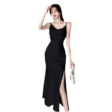Gentle Graceful Satin Suspenders Dress Women