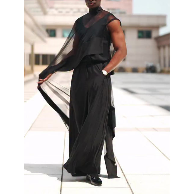 Black Mesh Irregular Hem Wide-leg Pants Suit
