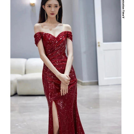 Fishtail Toast Dress Bride Wine Red Split Engagement Dress