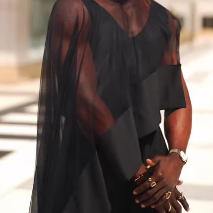 Black Mesh Irregular Hem Wide-leg Pants Suit