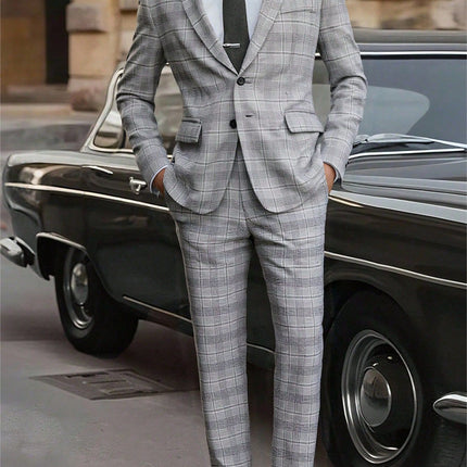 Mens Slim-Fit Plaid Business Suit Two-Piece Set