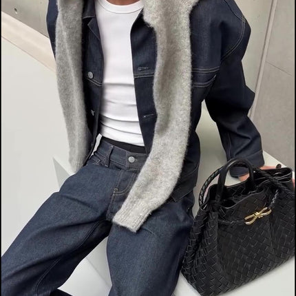 Dark Denim Oversized Jacket And Wide-Leg Pants Set