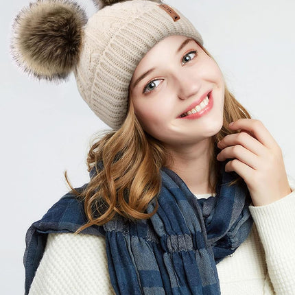 Pom Pom Beanie Cable Knit Fleece Lined Winter Beanie Women Hat