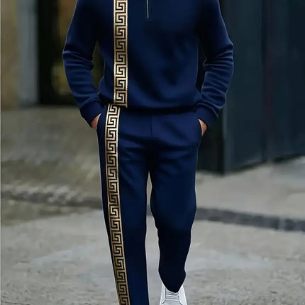 Long-sleeve Polo Shirt Long Pants Half-zip Placket Casual Sportswear Set