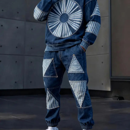 Mens Lettered Denim Hoodie With Fashionable 3D Print